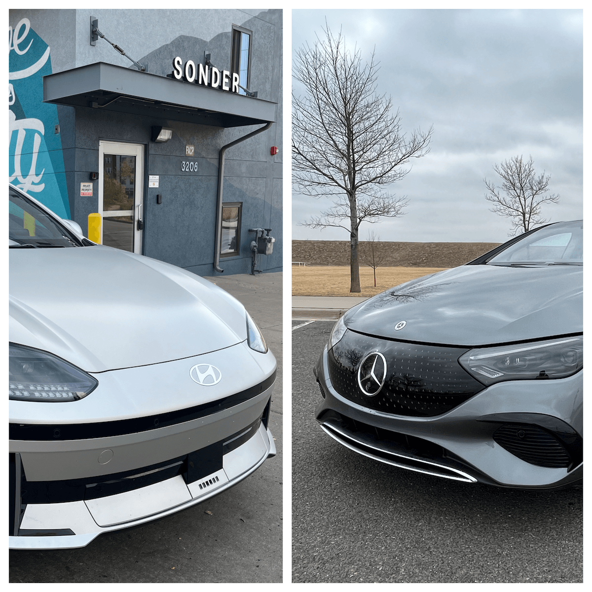 A side by side of the 2023 Mercedes-Benz EQE and Hyundai Ioniq 6