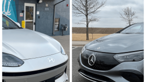 A side by side of the 2023 Mercedes-Benz EQE and Hyundai Ioniq 6
