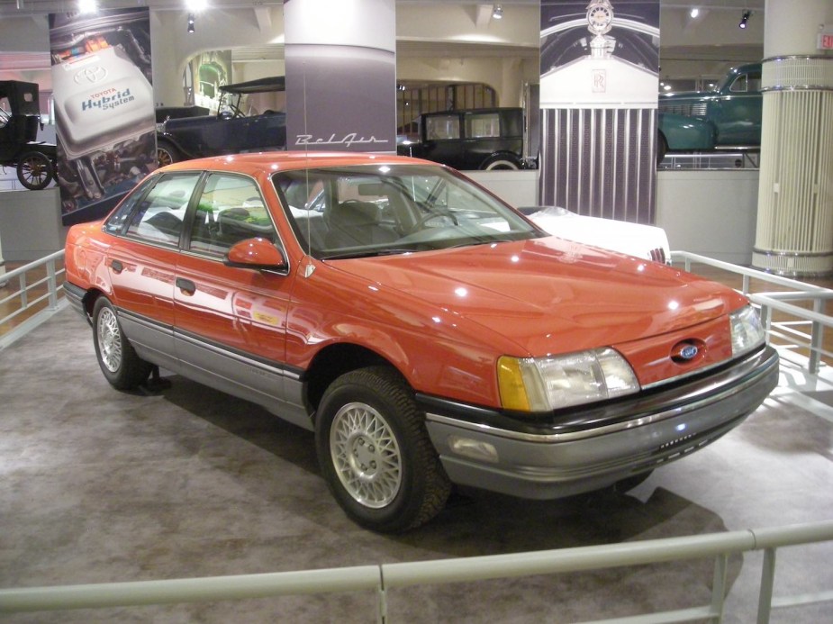 MotorTrend's 1986 Taurus test sedan parked in the Ford museum.