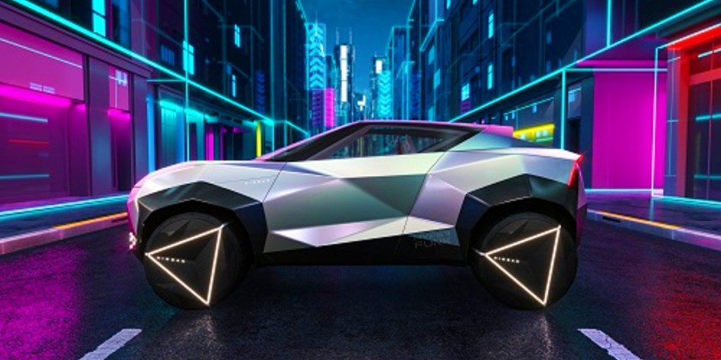 A gray Nissan Hyper Punk concept electric compact crossover is parked.