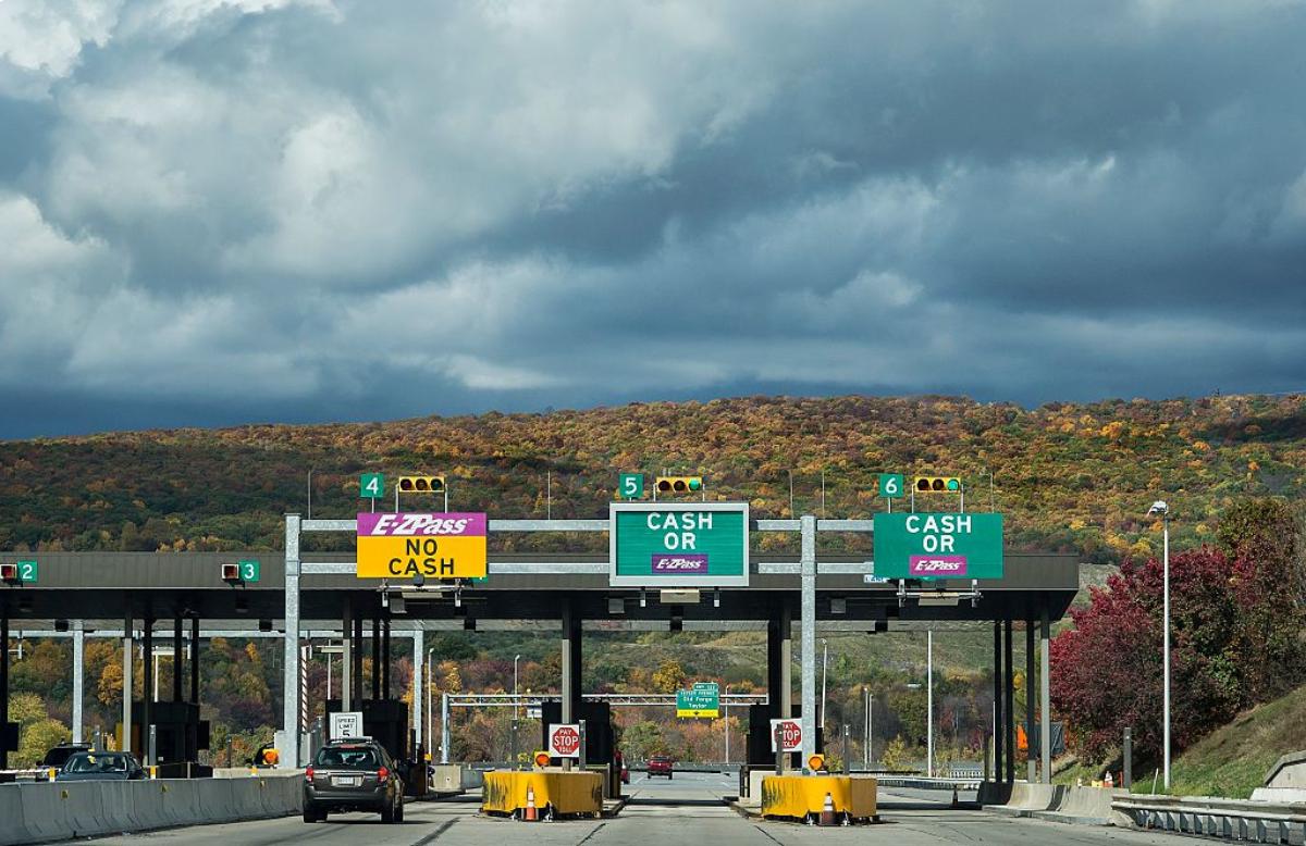 A toll booth set up on a Pennsylvania road.
