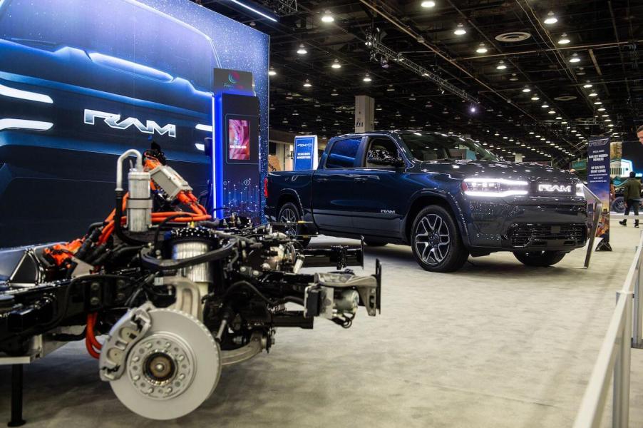 A blue 2024 Ram 1500 REV on display at the Detroit Auto Show. The 2024 Ram 1500's price makes it an attractive option