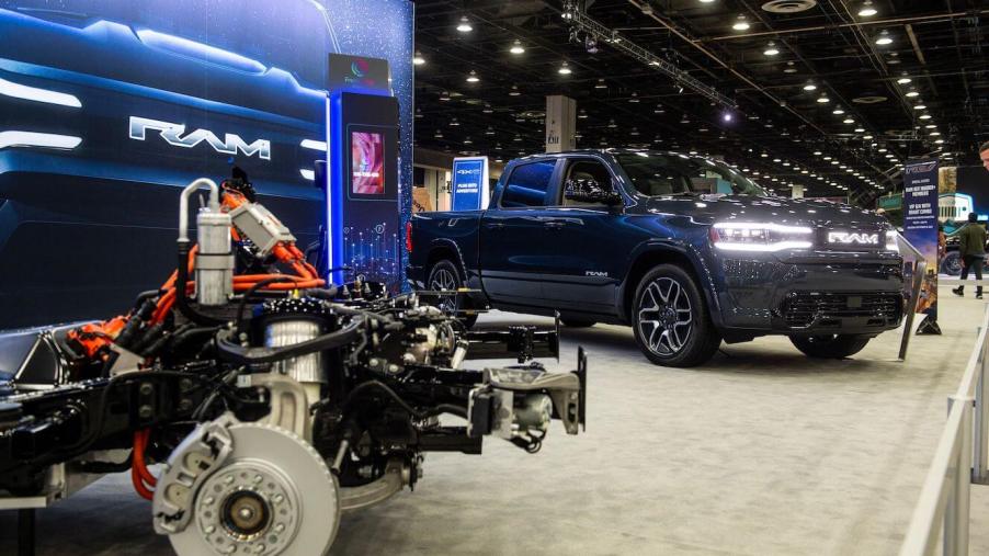 A blue 2024 Ram 1500 REV on display at the Detroit Auto Show. The 2024 Ram 1500's price makes it an attractive option