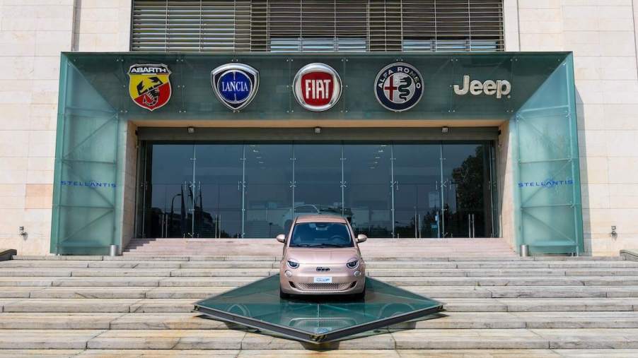 Stellantis car brands: A Fiat 500 on display outside the Mirafiori plant, part of Stellantis NV, in Turin, Italy