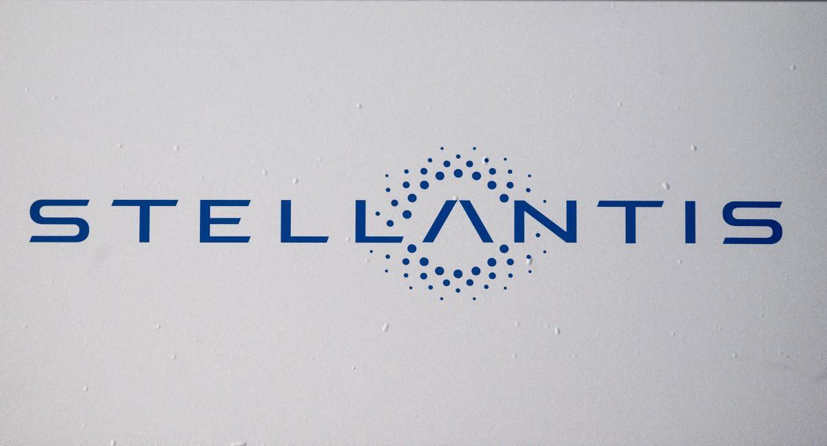 The Stellantis company logo, forged after the merger of Fiat and Peugeot, take in Turin, Italy