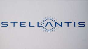 The Stellantis company logo, forged after the merger of Fiat and Peugeot, take in Turin, Italy