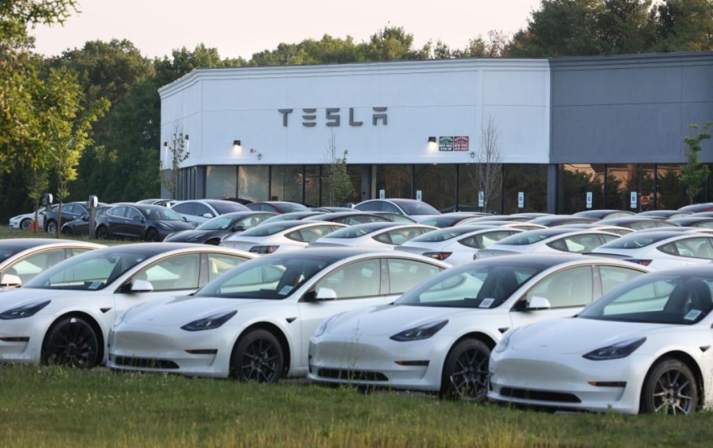 Tesla electric cars on display at a dealership.