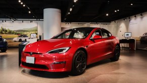 A red Tesla Model S displayed at a Tesla Motors Japan store. Tesla Model S sales are dipping.