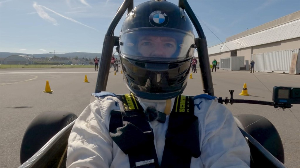 Tom Scott driving AMZ Racing Mythen, the world's fastest accelerating car in Sweden