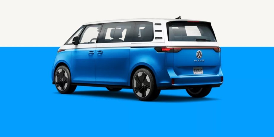 A blue Volkswagen ID. Buzz electric microbus.