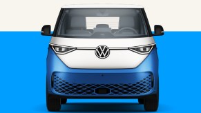 A blue Volkswagen ID. Buzz electric Microbus.
