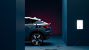 Blue Volvo C40 Recharge charging. This Volvo electric SUV is gaining in popularity