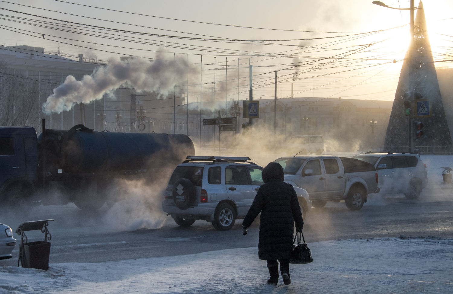 SUVs on the road in the eastern Siberian town of Yakutsk