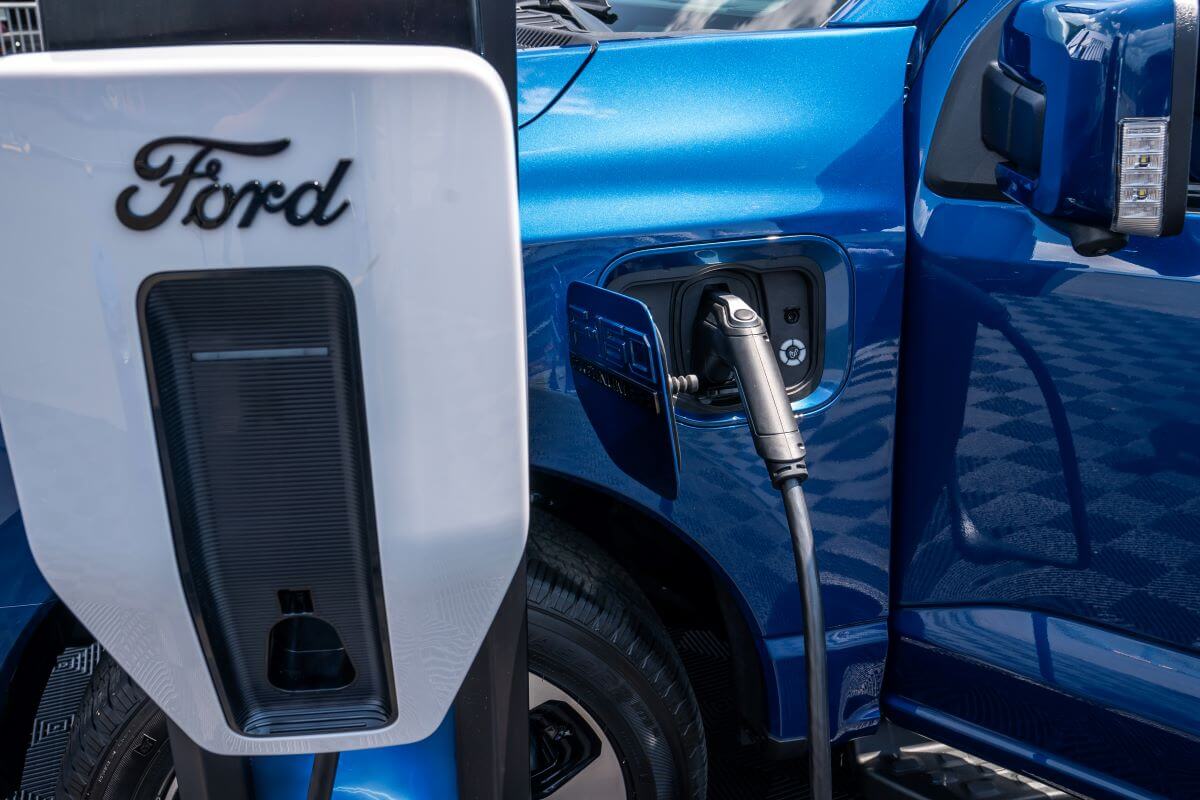 An electric Ford truck and charging station on display at the Electrify Expo in Washington D.C.