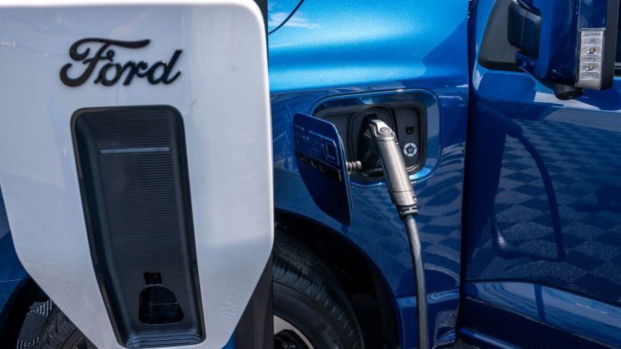 An electric Ford truck and charging station on display at the Electrify Expo in Washington D.C.