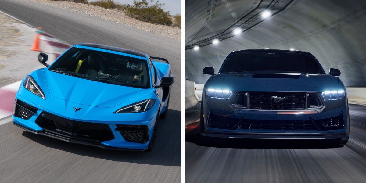 The 2024 model years of the Chevy Corvette Stingray (L) and Ford Mustang Dark Horse (R) sports car models