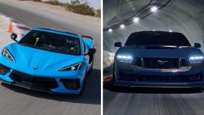 The 2024 model years of the Chevy Corvette Stingray (L) and Ford Mustang Dark Horse (R) sports car models