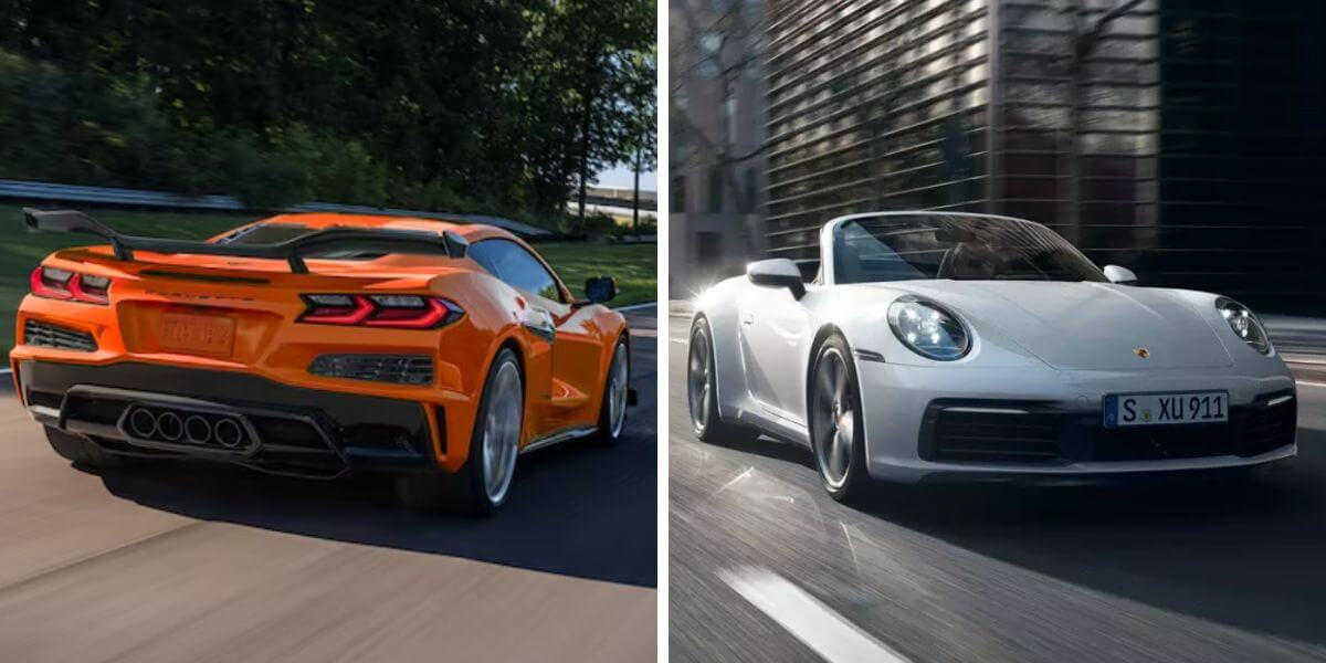 A rear shot of a 2024 Chevy Corvette Z06 (L) and a front-facing shot of a Porsche 911 Carrera (R) sports cars