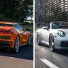 A rear shot of a 2024 Chevy Corvette Z06 (L) and a front-facing shot of a Porsche 911 Carrera (R) sports cars