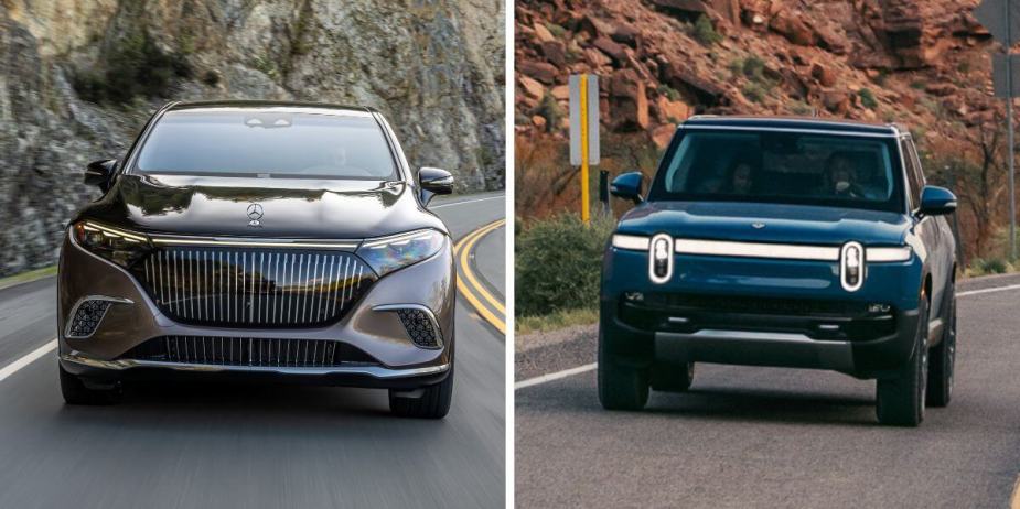 The electric SUV models of the Mercedes-Maybach EQS SUV (L) and Rivian R1S (R)