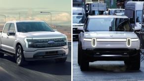 The 2023 Ford F-150 Lightning (L) and Rivian R1T (R) all-electric pickup truck models