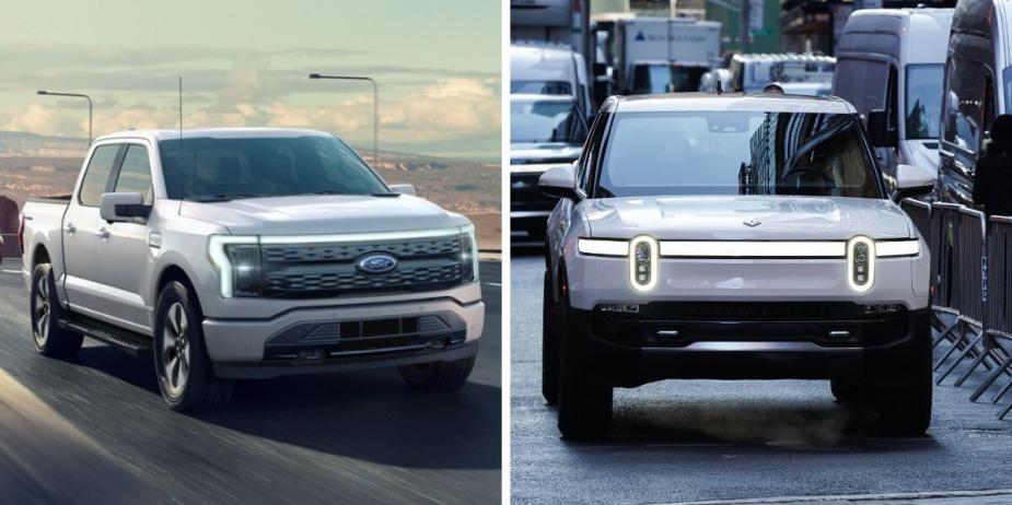 The 2023 Ford F-150 Lightning (L) and Rivian R1T (R) all-electric pickup truck models