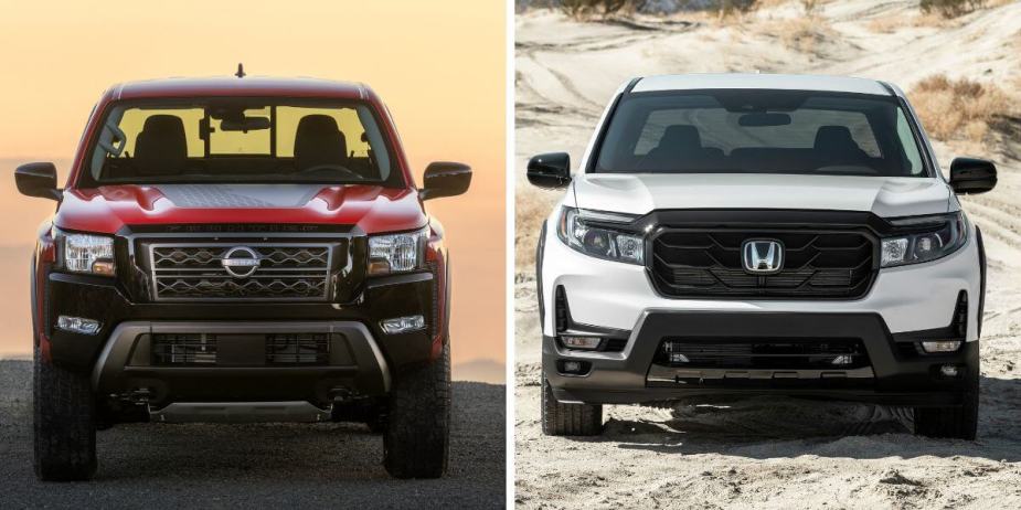 The midsize pickup truck models of the 2024 Nissan Frontier (L) and 2023 Honda Ridgeline (R)