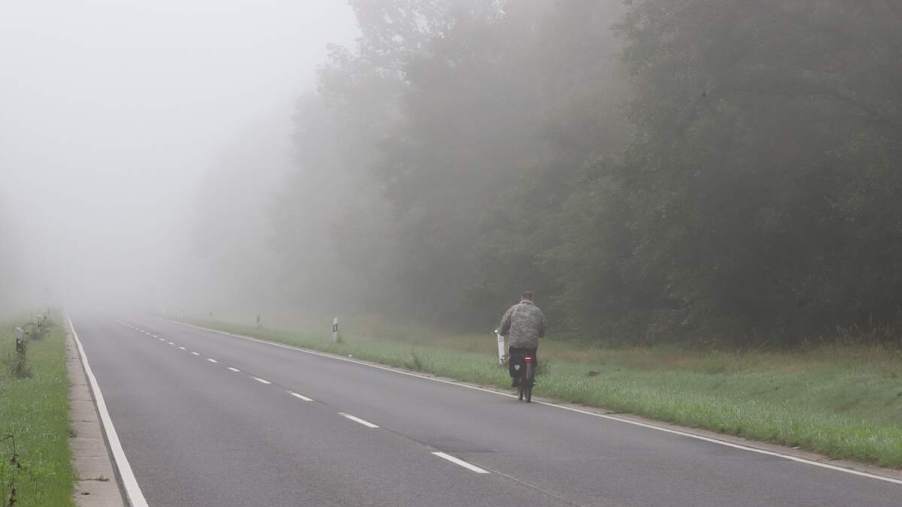Haunted roads: A bicyclist rides on a foggy rural road