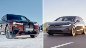 The BMW iX (L) and Tesla Model X (R) full-size, all-electric, luxury SUV models