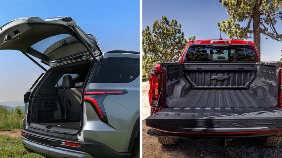 The liftgate of a 2024 Chevy Traverse Z71 (L) and tailgate of a 2023 Chevrolet Colorado Trail Boss (R)