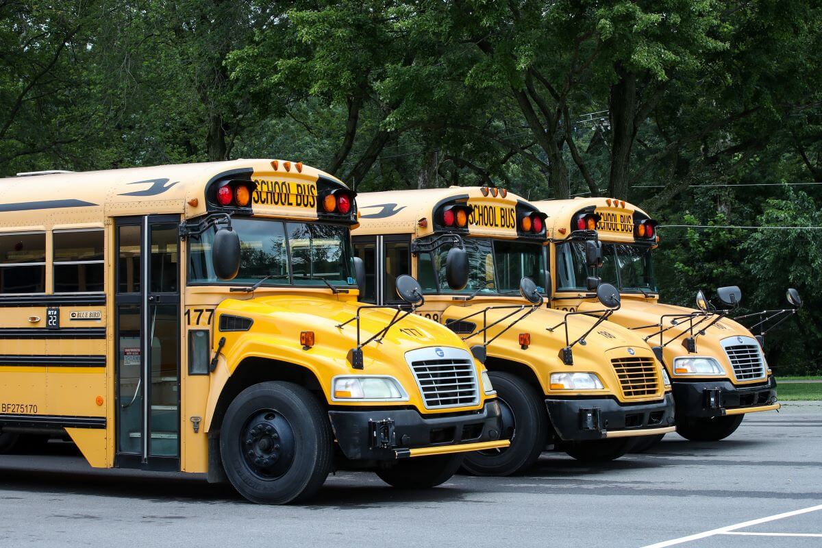 School buses parked outside the Bloomsburg High School in Bloomsburg, Pennsylvania