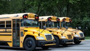 School buses parked outside the Bloomsburg High School in Bloomsburg, Pennsylvania
