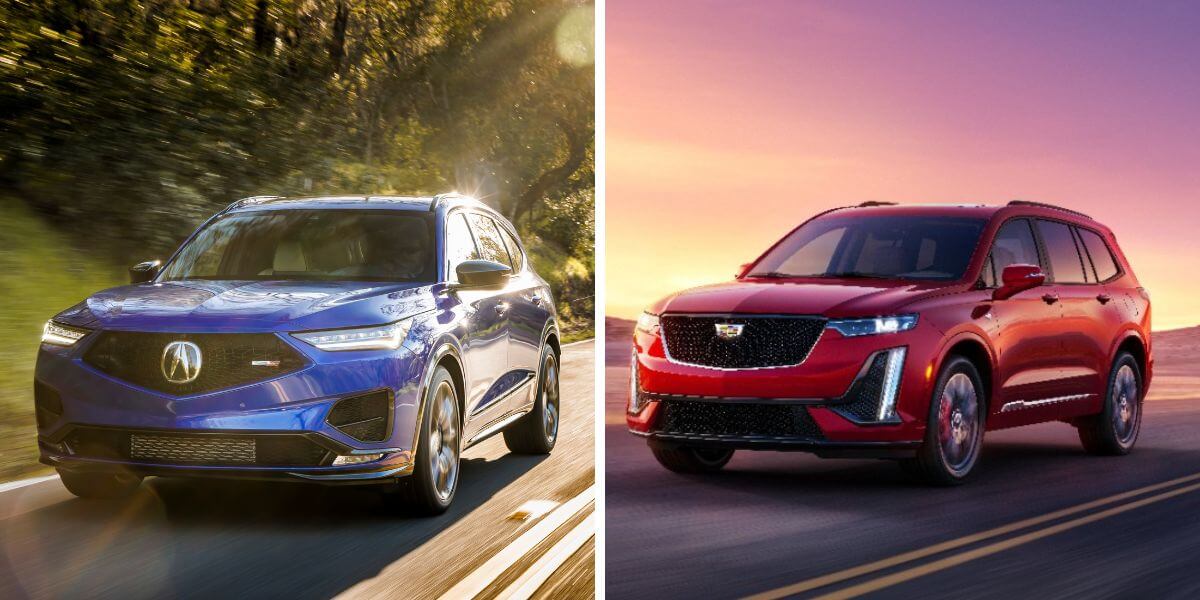 The Acura MDX Type S (L) and Cadillac XT6 Sport (R) midsize luxury SUV models