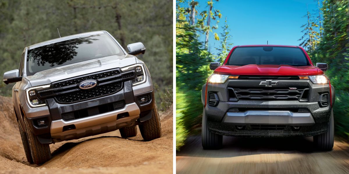The 2024 Ford Ranger Lariat (L) and 2023 Chevy Colorado Trail Boss (R) midsize pickup truck models