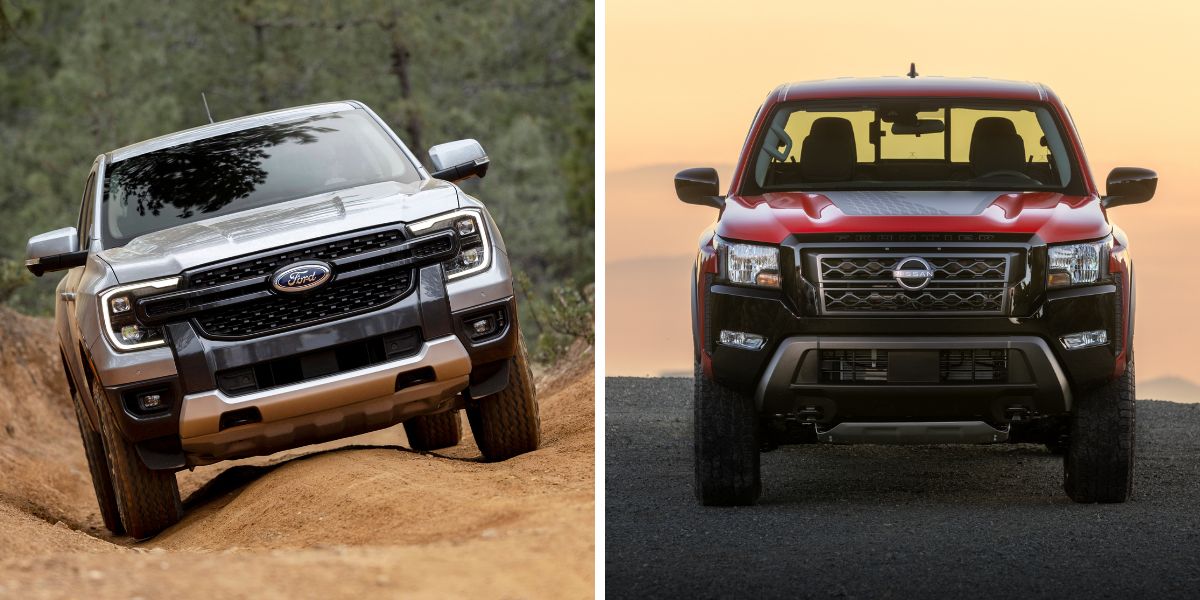The 2024 model years of the Ford Ranger Lariat (L) and Nissan Frontier Hardbody (R) midsize pickup trucks