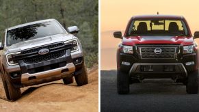 The 2024 model years of the Ford Ranger Lariat (L) and Nissan Frontier Hardbody (R) midsize pickup trucks