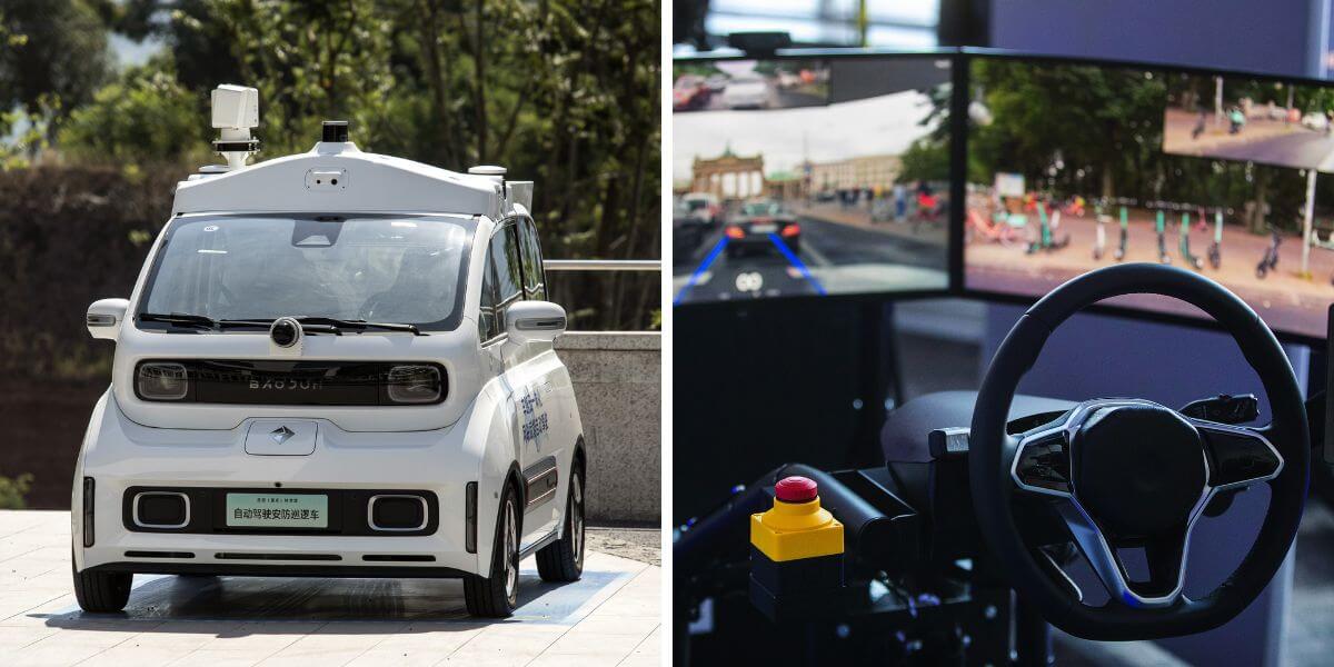 An Intelligent Connected Vehicle autonomous car (L) and a German robocar teledriver control station (R)
