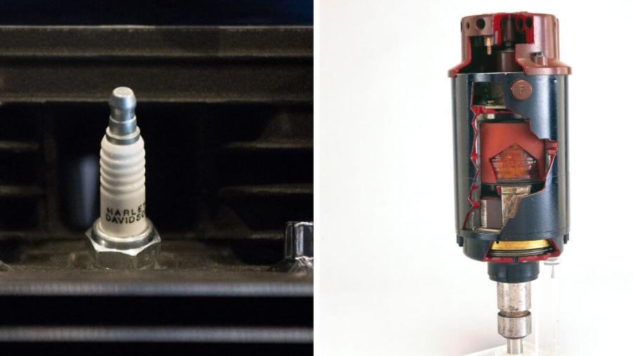 A Harley-Davidson spark plug (L) and an old Vertex Magneto ignition coil (R)