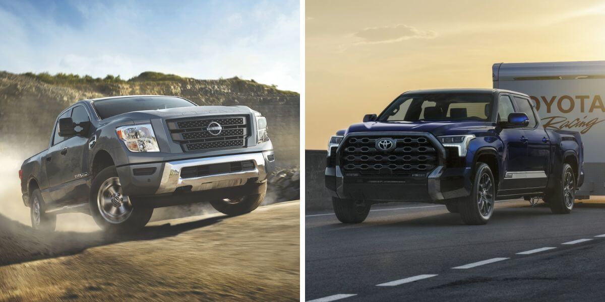 The 2024 model years of the Nissan Titan (L) and Toyota Tundra (R) full-size pickup truck models