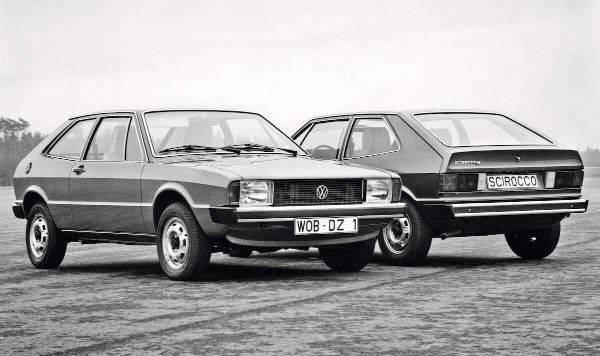 Two 1974 Volkswagen Scirocco cars parked next to each other