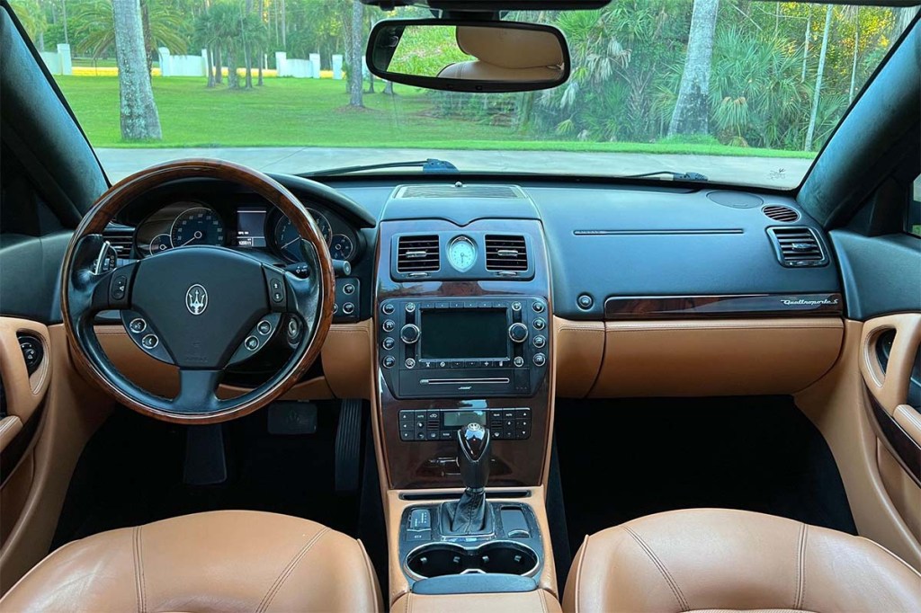 Tan leather interior of 2009 Maserati QuattroPorte in black that sold for incredibly cheap on Cars and Bids