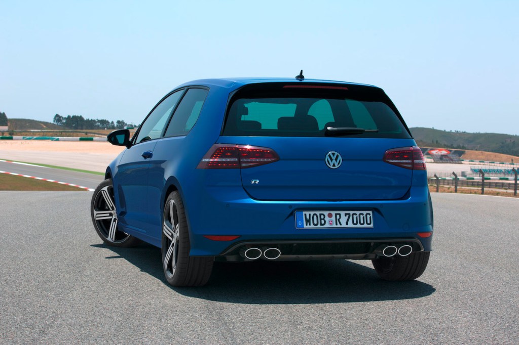 A rear view of the 2013 Volkswagen Golf R hot hatchback