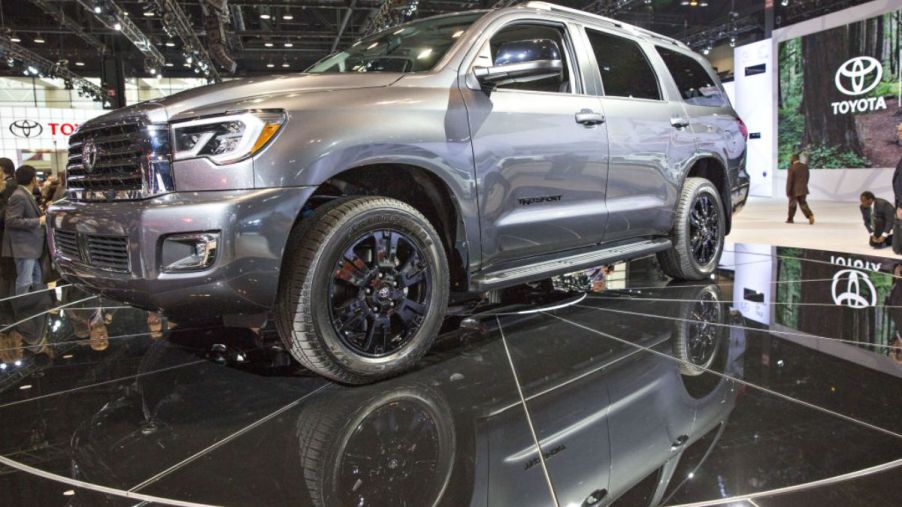 A 2017 Toyota Sequoia on display at an auto show.