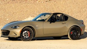 Front/ side profile of 2023 Miata Club in Zircon Sand Metallic photographed on Route 66