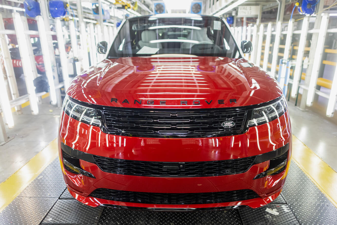 A red 2023 Range Rover Sport at the end of the production line at Tata Motors Ltd.'s Jaguar Land Rover vehicle manufacturing plant in Solihull, UK