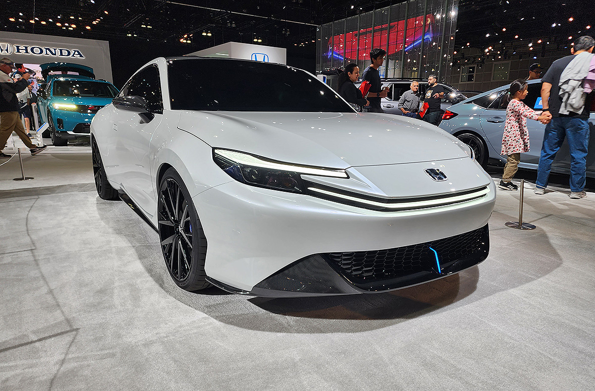 Front view of the new 2025 Honda Prelude concept car on display at the Los Angeles LA Auto Show