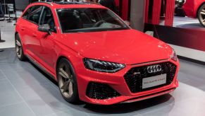 An Audi RS4 on display at an auto show.