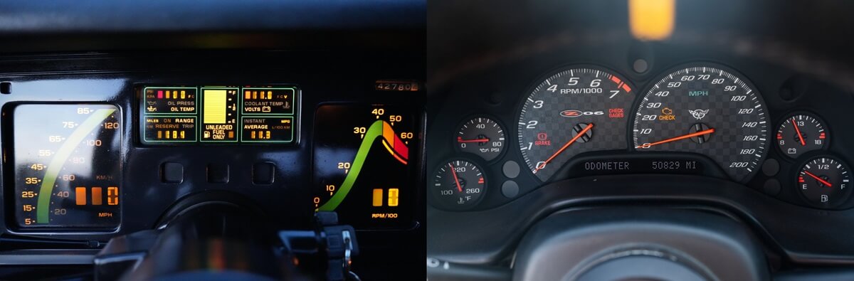 A set of C4 Chevrolet Corvette dials next to 
C5 dials in an American sports car comparison. 