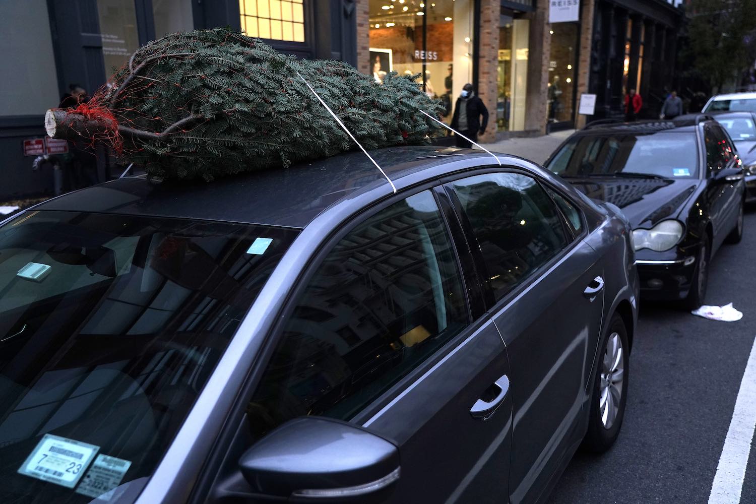 Car parked in the city with a Christmas tree fastened to its roof.