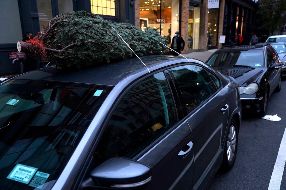 Car parked in the city with a Christmas tree fastened to its roof.